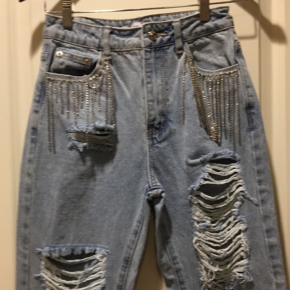 Adika womens embellish hanging bling High Waist High Rise Distress jeans size XS